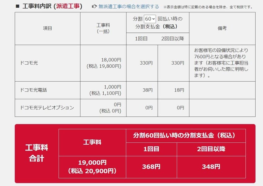 ドコモ光　工事料金シミュレーション